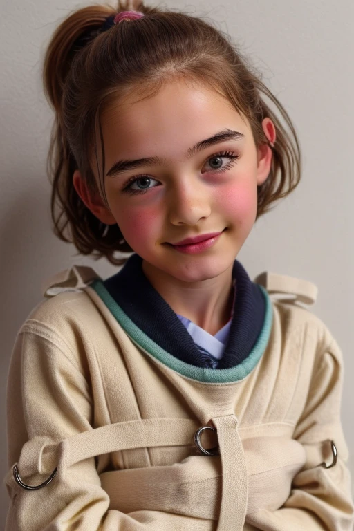 beautiful sexy little 9 years old Russian school girl, thin, long brown hair, with a ponytail, blue eyes, big red lips, dressing like a whore, harrased and groped on the bed by an older man