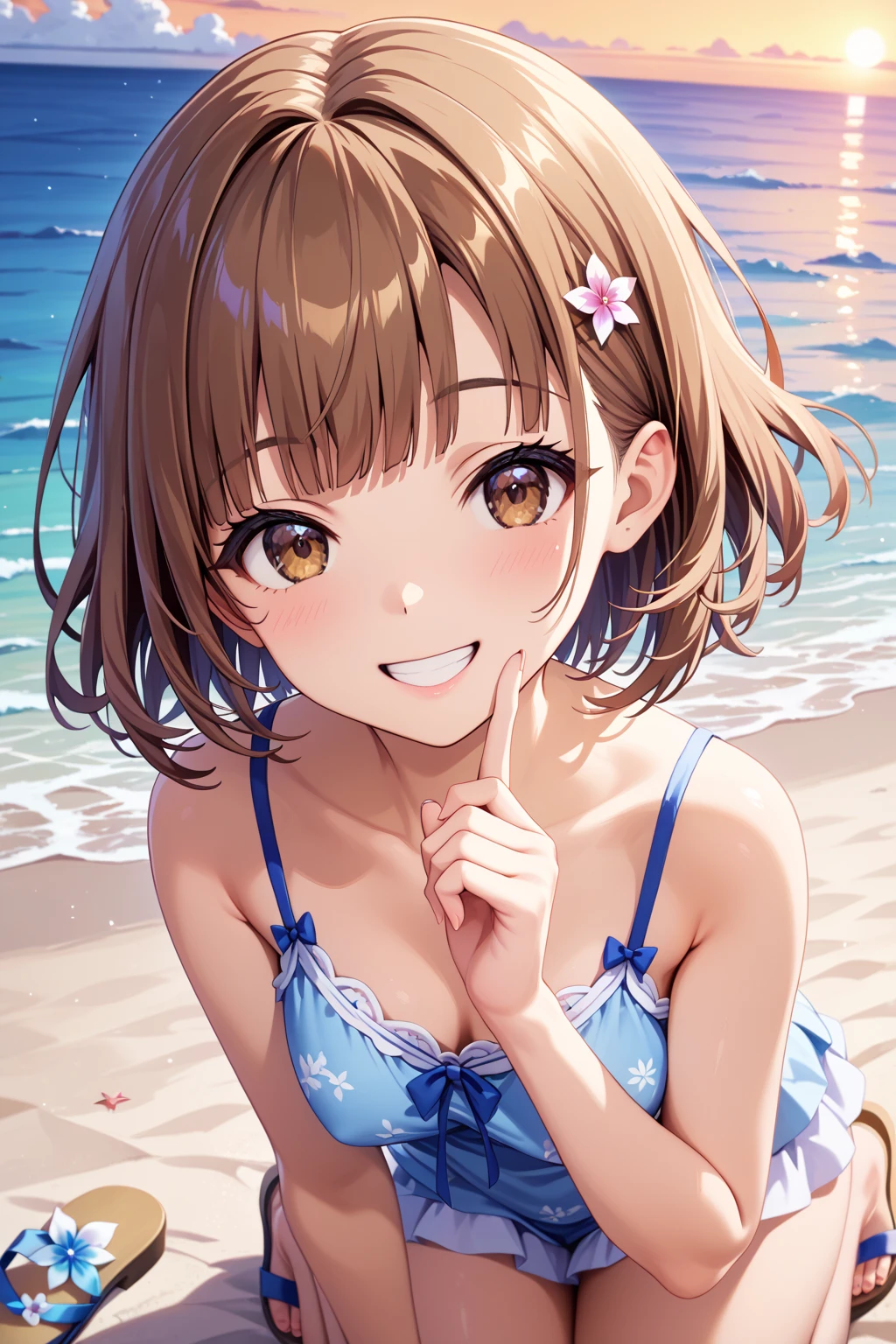 momoko suou (million live), 1 girl, Solo, Cute Girl,Best Quality, Ultra-detailed, 8K, High resolution, detailed face, bikini, (whole body), wet hair, wet skin, smile, have fun, on the beach, strong right:1.2,