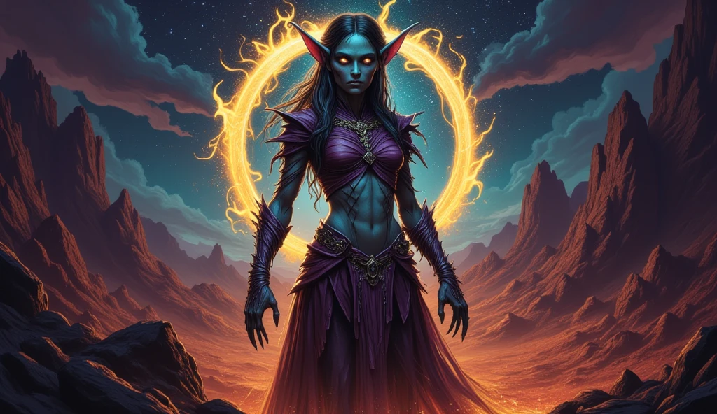 Dark elf in a majestic dress, standing in the center back on the battlefield, dark gray skin, Gray-skinned, elf ears, she has ruby red eyes and gray skin, black hair, Psychotic smile, 35 years, summon fire magic, Magic red light, huge flame, extremely detailed art germ, Artgerm style, in artgerm style, artgerm style, Artgerm in detail, artgerm style, Eli Fall and Artgerm, Samira from League of Legends, drawn in the artgerm style, Artgerm Lau