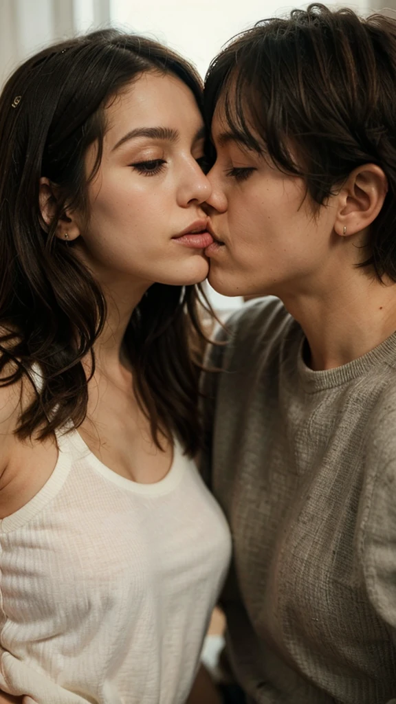 Mature woman of 50 years with a young boy of 24 years, kissing each other