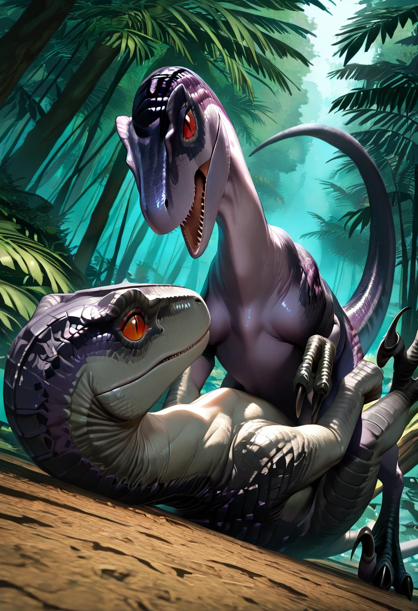 A naked cave woman is bored, her pet blue velociraptor is on the couch. The cave woman is tickling her pet dinosaurs neck and stomach. The dinosaur is wiggling in joy and mocks at trying to get away