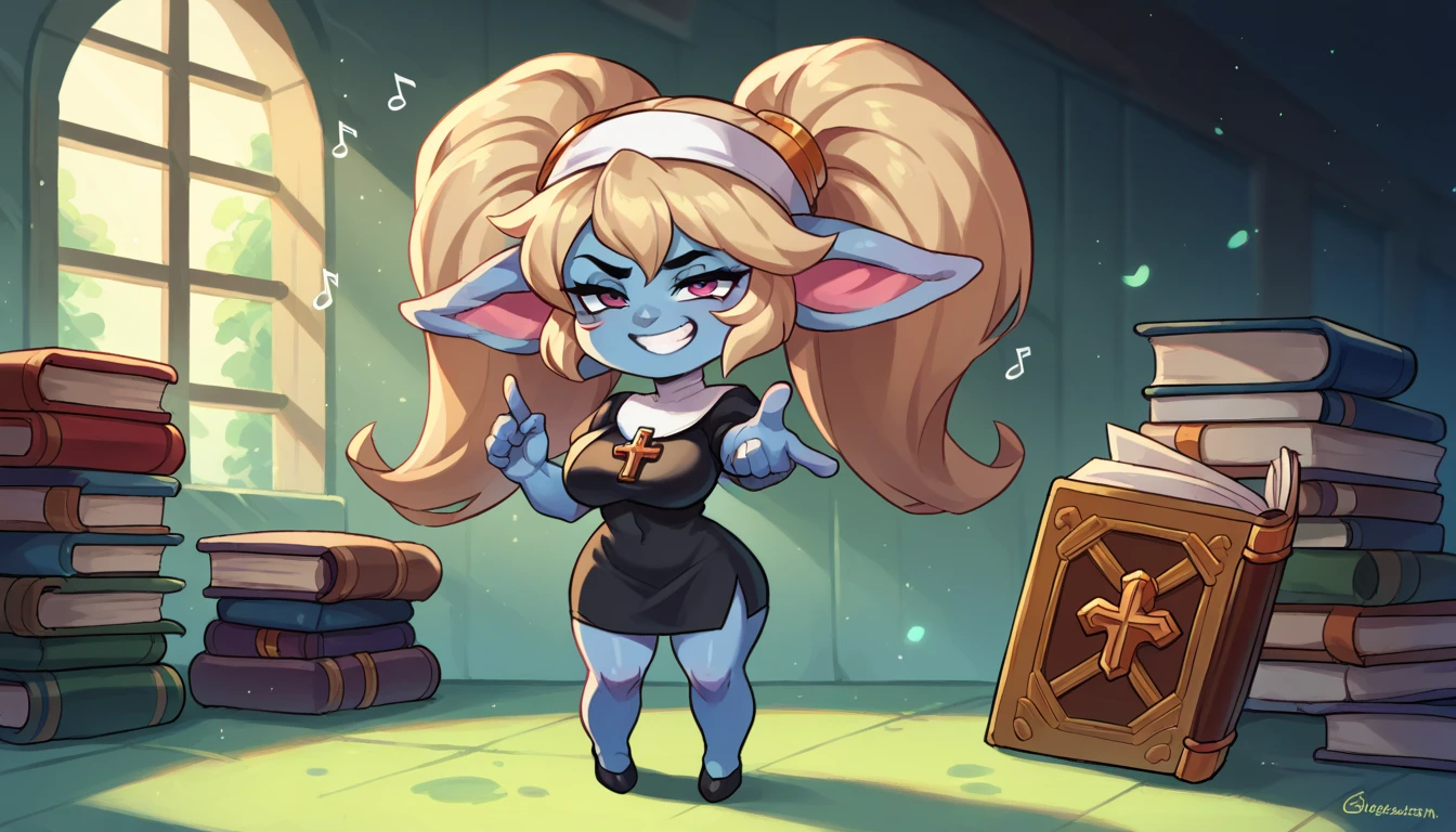 (1girl:1.2), (shrunken:1.5), (minigirl:1.5), six inches tall, miniature size, on desk, oversized objects, stack of books, indoors, uploaded to e621.net, masterpiece, 8k, vixen, blonde, long hair, topknot, genie, (micro:1.6), miniature woman, (miniature woman:1.3), standing on desk, (huge bottom lip:1.2), black lip gloss, accurate hands, (pink micro bikini top:1.2), pink sarong wrap, huge breasts, nipple outline, large areolae, hyper hips, gold jewelry, ear piercings, hands behind head, dancing, magic display, smiling, golden eyes, by darkgem, by duase,