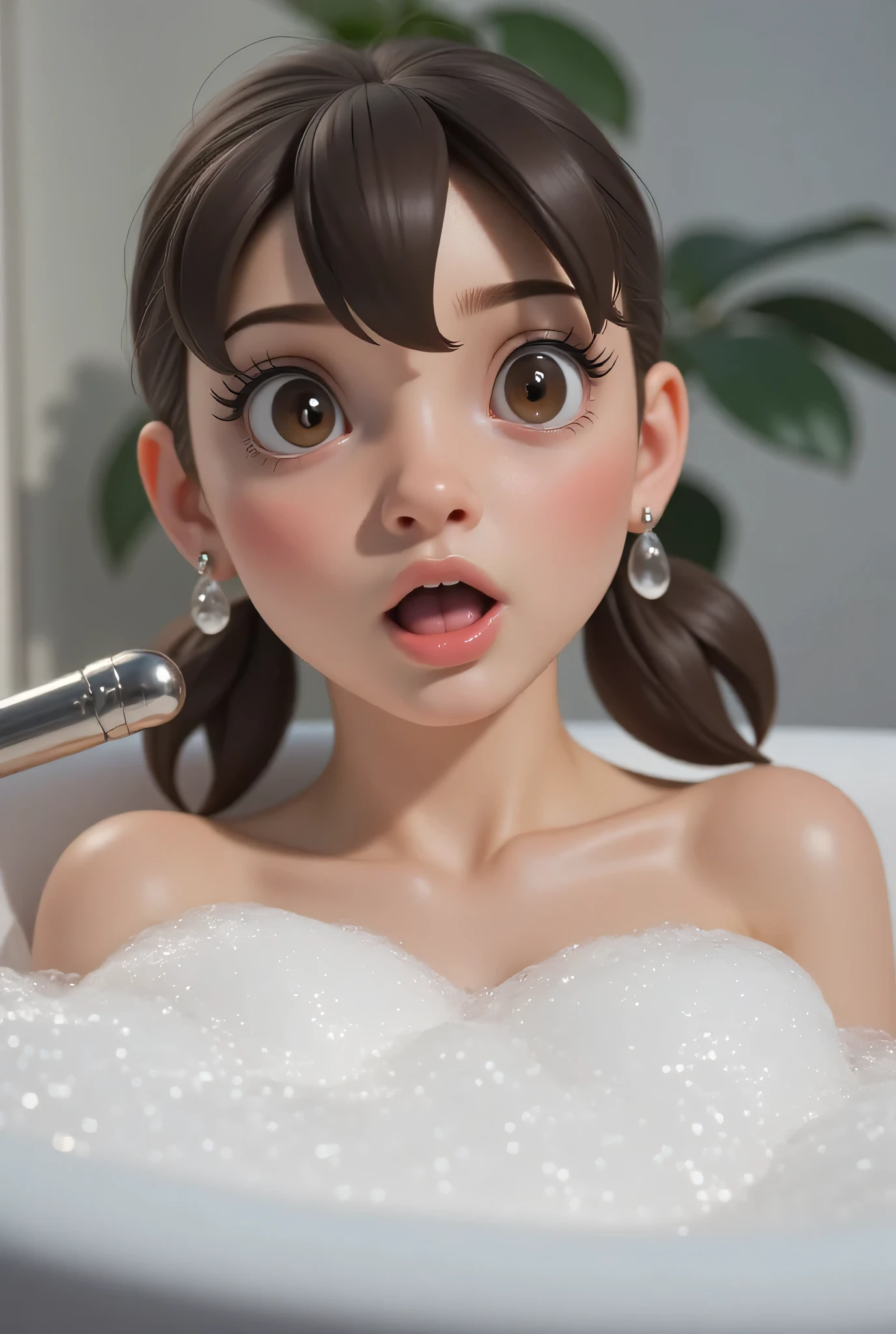 The facial reaction is very gloomy and sad, CREATE ANIME CARTOON 3D PHOTO, "A highly realistic, ultra-detailed portrait of a woman relaxing in a bubble bath, captured in the best settings of a SONY A7R with a fast prime lens (f/1.8). The scene features a minimalist bathroom with soft, natural lighting, emphasizing the subject's smooth skin, delicate facial features, and the dynamic texture of the foam. Hyper-detailed textures, cinematic lighting, and a sharp focus create an immersive depth. 32K resolution, photorealistic rendering, skin pores and water droplets visible, ultra-sharp image, professional photography style." Wajah KELIHATAN muram Dan sedih