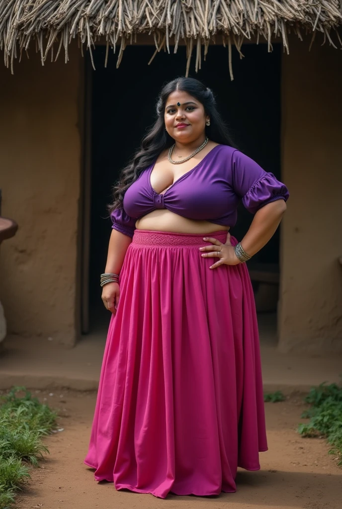 Gorgeous 25-year-old goddess, BBW, solo. 8k, ultra-high regulation, sharp focus, cinematic. Perky breasts, heavy body, deep eyeliner, voluminous curly hair. Wearing a vibrant Slit Skirt Lehenga, directly engaging with the camera.