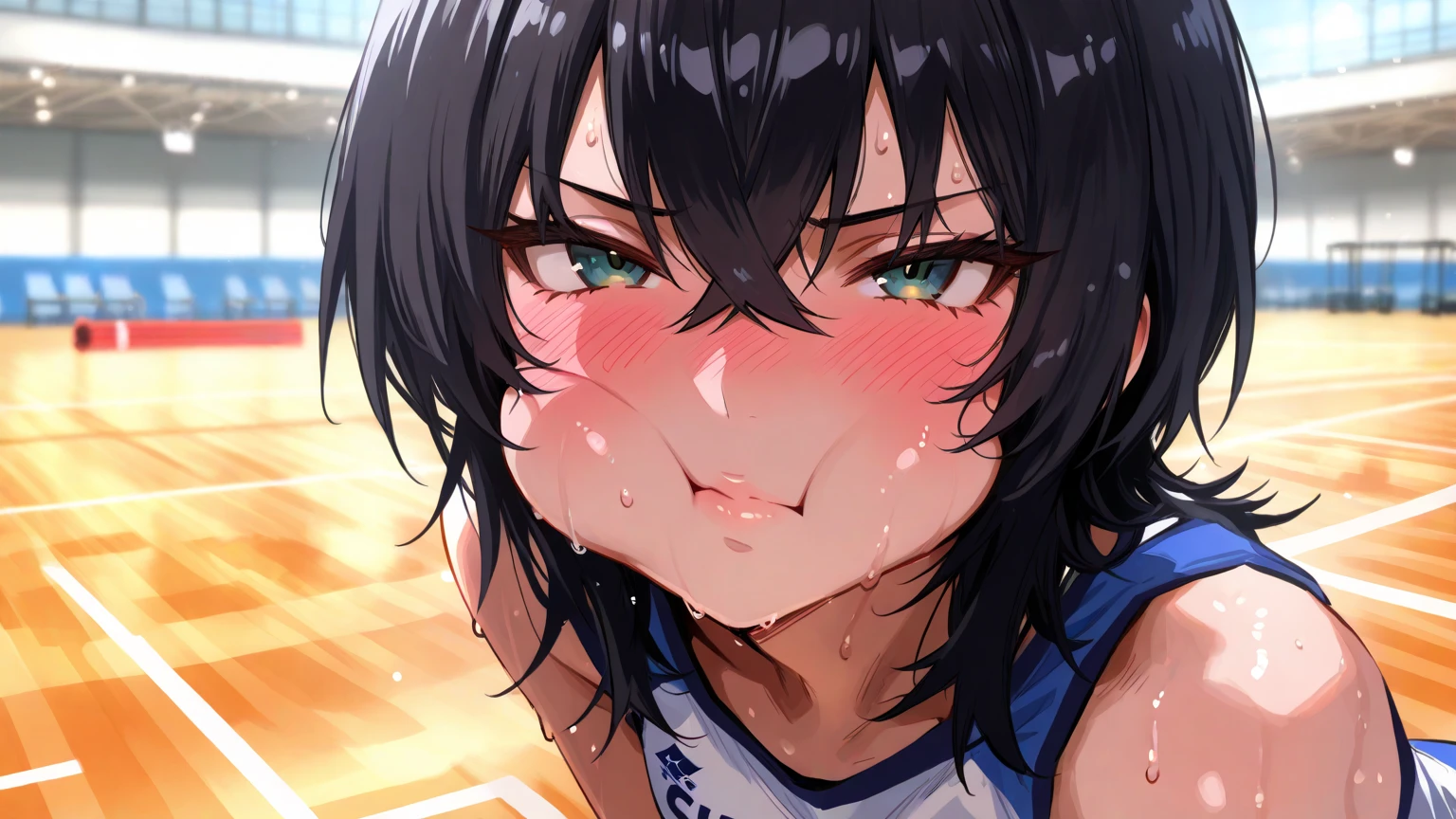(highest quality:1.2),(perfect beautiful face:1.2),(at public Restroom,upper body),volleyball uniform,(flat chest:1.5), (embarrassed and blush,disappointed:1.5,closed eyes:1.2,tears), (Patience),show teeth,shyness:1.1, Sweaty, sunburned skin, seducing, steaming body,ultra-detailed,very short black boys hair,cum on hair,facials,Bukkake,golden pee on hair,Golden pee on body,face to viewer,(penis awe:1.6,penis on the head)