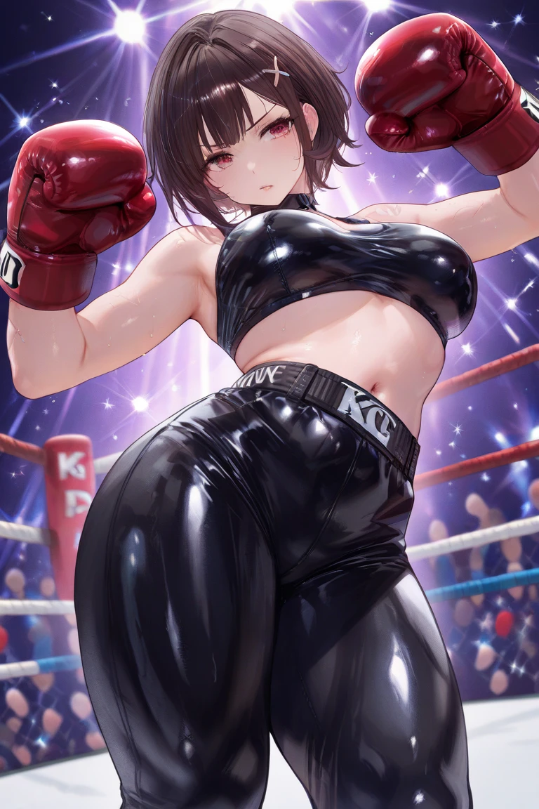 Korean beauty,Mature temperament,Pretty Face,Good shape,detailed picture, Shy expression, blush,White long hair, Wearing very sexy boxing clothes,Wear black pantyhose, Wearing black boxing gloves, Kneeling in a sexy pose on the boxing ring,Large Breasts,Cleavage,Long legs,Thin waist,nipple,Camel toe