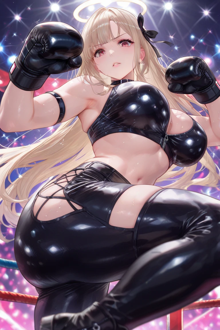 (Highest quality:1.1), (masterpiece:1.4), (Absurd:1.0),
One Girl, navel, cleavage,midriff,collar, crop top, torn clothes、 spiked collar, Medium chest、Looking at the audience、Bedroom、(blush:1.2)、Embarrassed expression、(((Bike Pants)))、(Showing pantieini skirt))、((Knee-high socks))、Blonde、Long gloves、((Underboob))