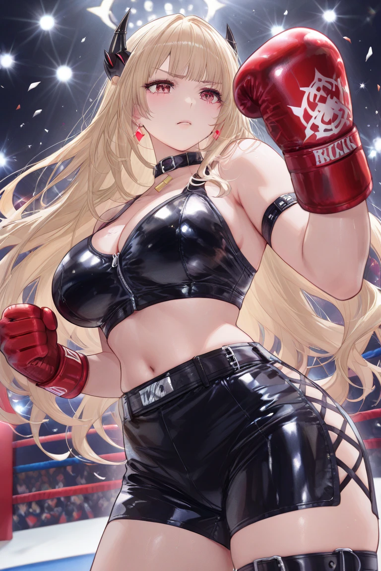 A slim beautiful girl,Good shape,Pretty Face,detailed picture, blush,White long hair,Wearing black gauze dress,Wearing black suspender stockings,high-heel boots,Wearing black boxing gloves,Standing alone in the boxing ring,Large Breasts,Cleavage,Thin legs,nipple,Camel toe