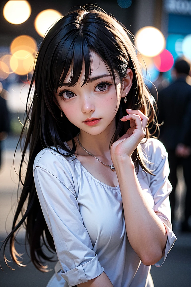 Loli anime girl, Realistic Shadows, Detailed skin, Very small breasts, Black Hair, Very detailed, 8kのVery detailedな顔, perfect face shape, Perfect Lips, Perfect Nose, Correcting Beautiful Eyes, watching viewer, White shirt, Hair Flower, masterpiece, highest quality, Single woman, No bra, No panties, alone