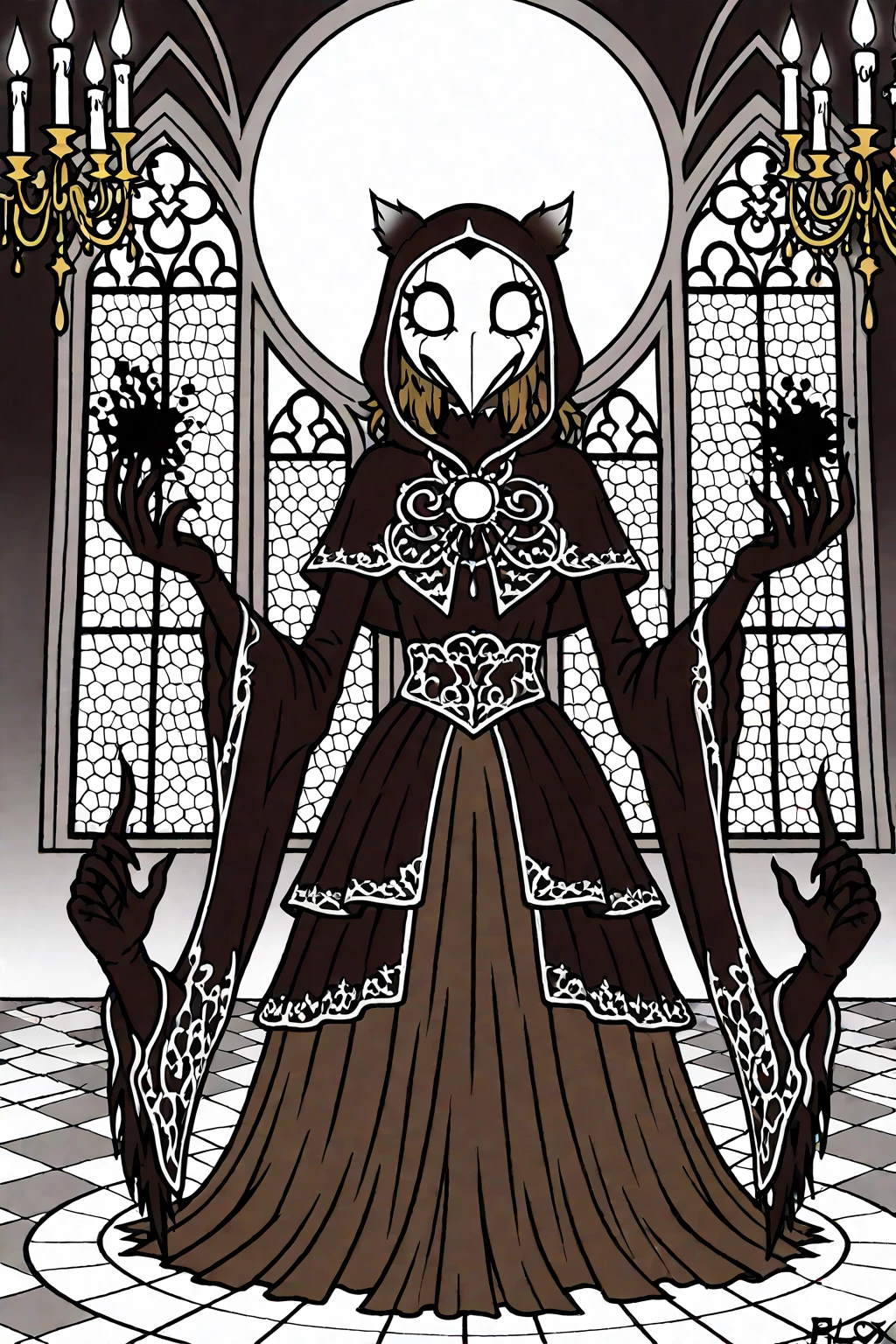 ((best quality)), ((masterpiece)), (detailed), perfect face, hand drawn style, hand painted style, watercolour, sketch, a knight, white background, plain background, Bloodborne inspired, tatty Bloodborne attire, occult aesthetic, occult, tatty red and white clothing detailed and intricate steampunk and detailed gothic lolita (with a hood), diadems, long coat, Complex laced boots, Fluttering lace flared long knee length dress with frilly petticoats, long dress, knee length dress, pleated petticoats, lolita dress, petticoats gothic lolita, beautiful small breasts, (((( Highly detailed face))), small thin nose, Small thin lips mouth, (((Very sharp focused eyes))), Very large slit precision pale grey eyes that shine like jewels. very long eyelashes, Silver hair swaying in the wind, Emitting a dazzling light in a mandala pattern, white background, Very dramatic and cinematic lighting, tatty damaged old red and white clothing, full body, whole body, body, cosmic horror, grim dark
