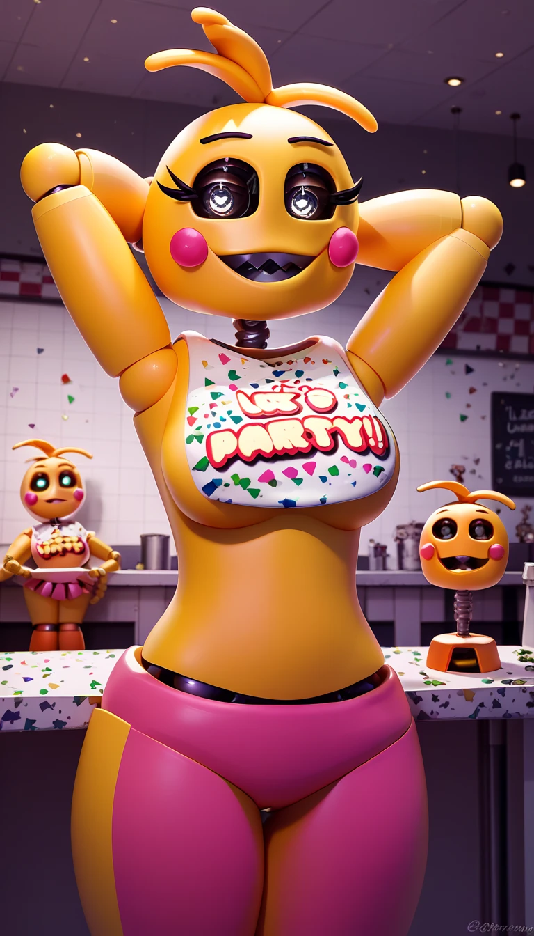 Love Taste Toy Girl, Master piece, BEST quality, Toy Chica animatronic, skinny body , In Pizzeria Escondida, lifting their clothes, waist, small breasts, bare breasts, nude body, pink pants growth spurt,