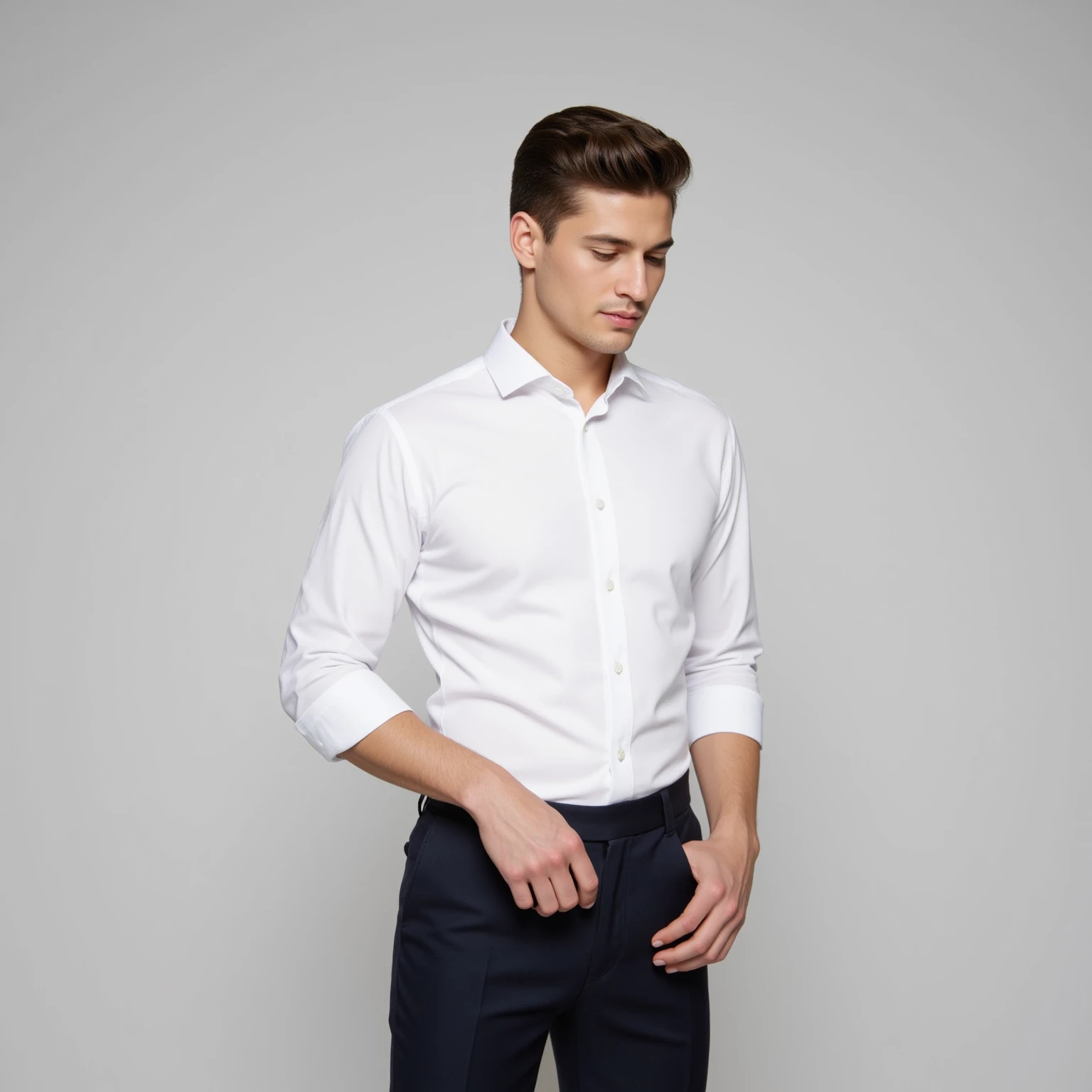 Best quality image: A full-body photo,sideways,Handsome man in his early 20s、Handsome European man in his 20s、Like gay handsome guy、Please face forward、Male in his early 20s、Brown short hair,Suit,White shirt,Hands in pockets,Simple background,White background,He stood on a clean, Neat background. Clear image details,Relaxed natural texture. The lighting is very cinematic, Casting a soft and bright light on his muscular face, Enhance the depth and dimension of your photos.