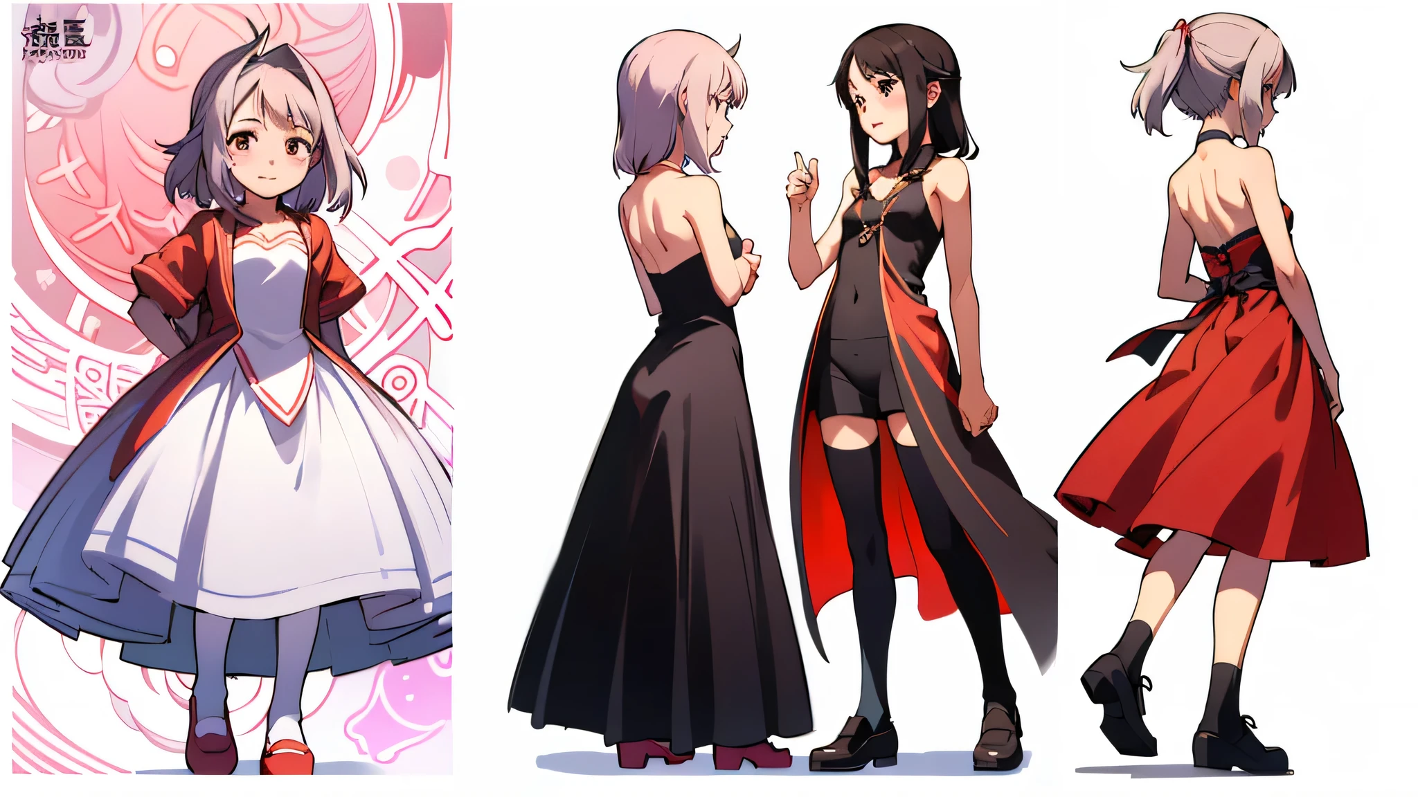 ((Red-haired girl in a dress wrapped in chains)), ((wearing a noble robe)), ((Bobcut)), ((full body black and red longcoat)), Anime full body illustration white background