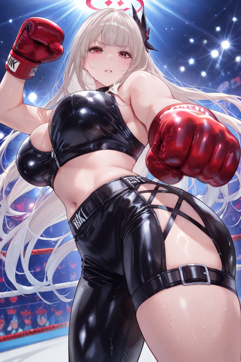 A slim Korean beauty model,Good shape,Pretty Face,detailed picture, blush,White long hair,Wearing tight leather jacket,Wearing black suspender stockings,high-heel boots,Wearing black boxing gloves,Kneeling alone in the boxing ring and making sexy moves,Sticking out tongue,Large Breasts,Cleavage,Thin legs,nipple,Camel toe