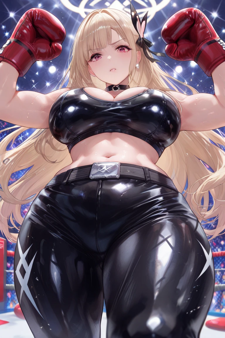 korean beautifull girl,18 years old,Pretty Face,Good shape,detailed picture, Seductive expression, blush,White long hair, Wear wrestling clothes,Wear black pantyhose,high-heel boots, Wearing black boxing gloves,Black sleeves on arms, Sitting in the boxing ring,Large Breasts,Cleavage,Long legs,Thin waist,nipple,Camel toe,M leg