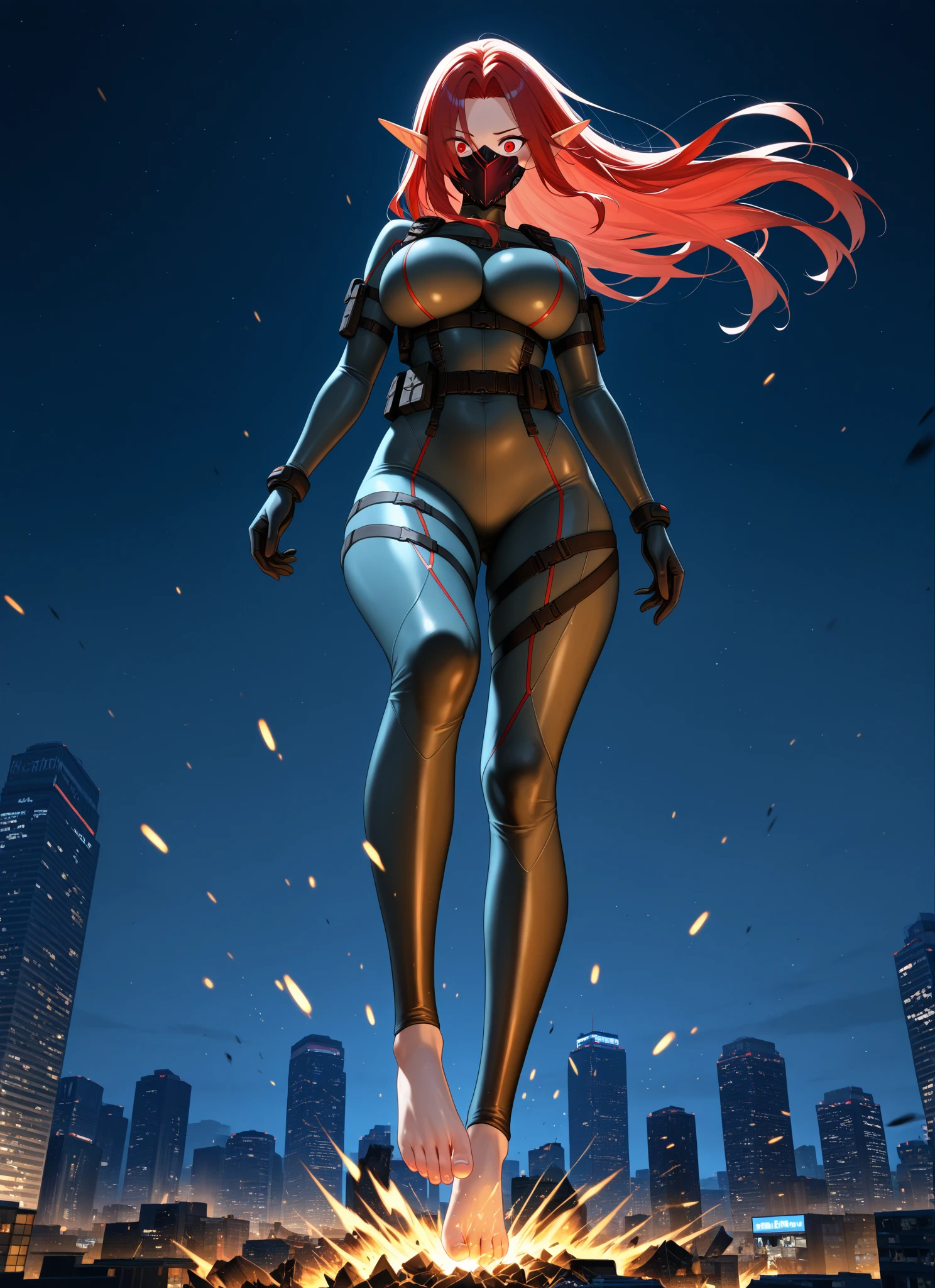 1girls,solo,super detailed skin,shiny skin,wet oily skin,natural face, deep detailed eyes,eyelashes,lips gloss,(rainbow colored hair:1.3),straight hair,ponytail,hime cut,large breasts,beautiful shaped breasts,full body suit,Leather body suit,ninja style,ruins,masterpiece,best quality,ultra detailed,high resolution,sharp focus,depth of field