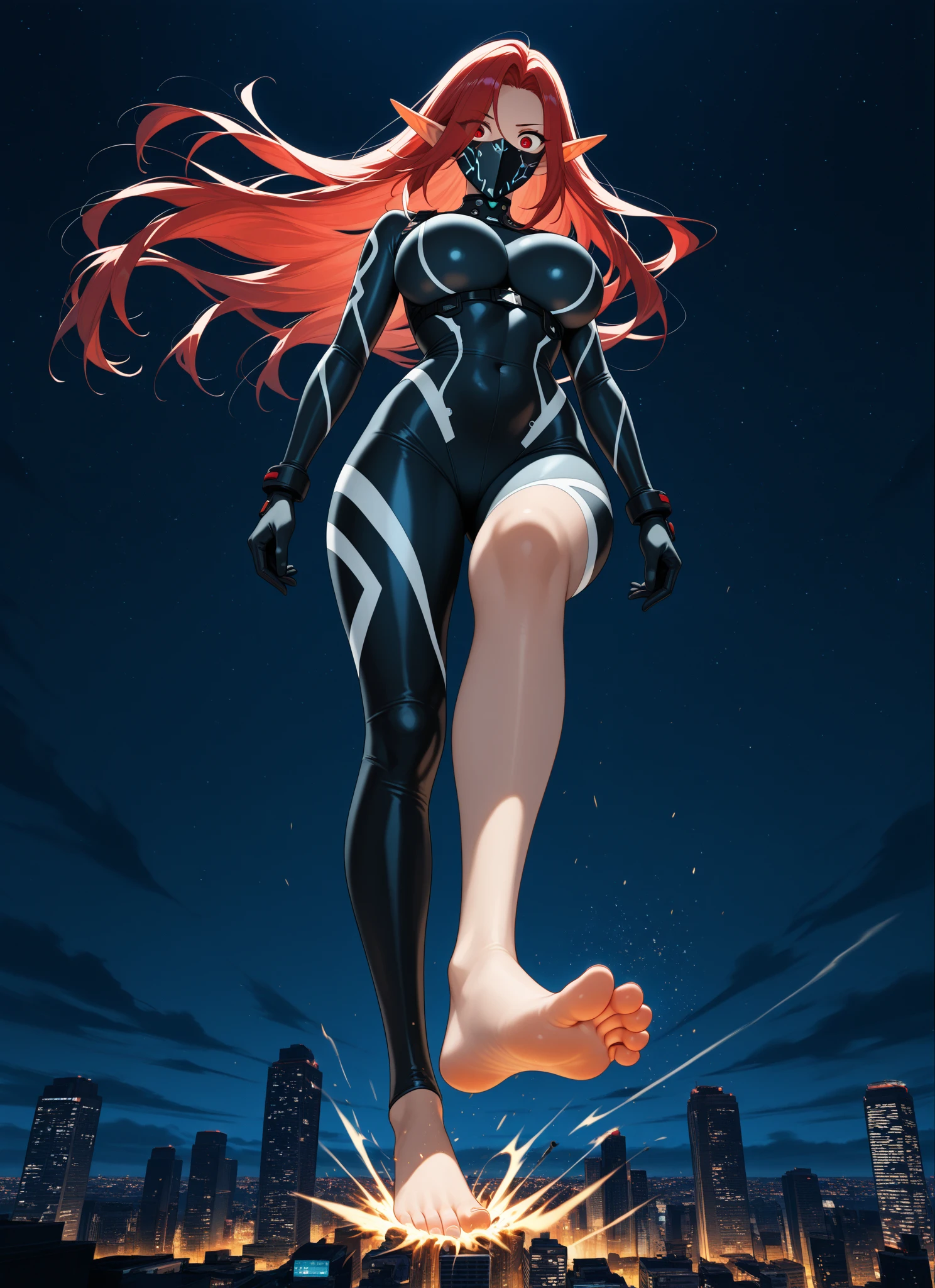 girl, tight bodysuit, black bodysuit, spider woman, ches white spider emblem, long white gloves, long white boots, mask, long hair, ultra detail, best quality, masterpiece, long hair, skinny skin, glossy skin