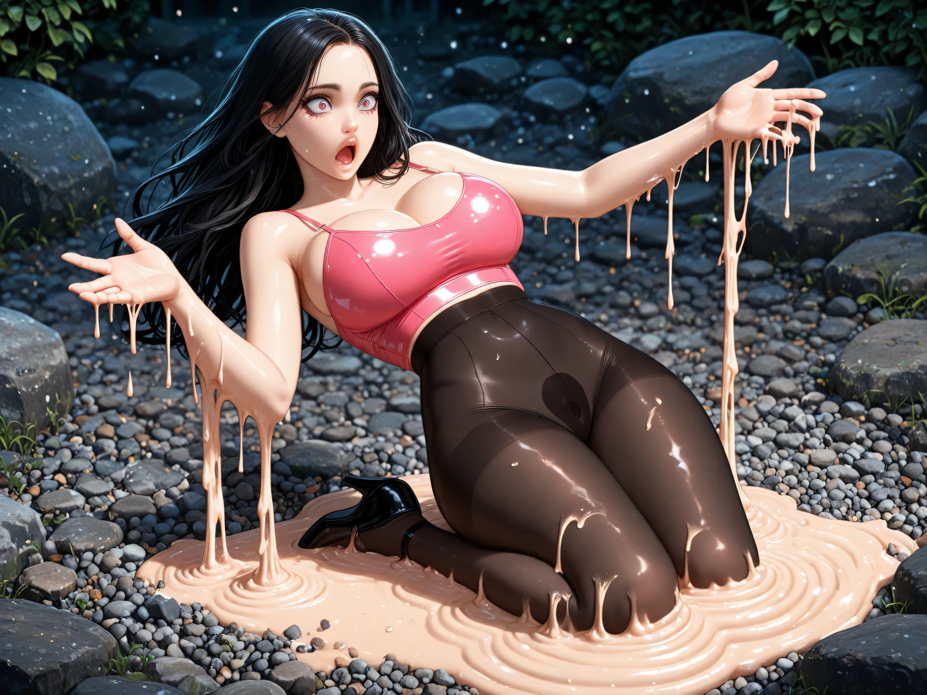 eyesHD,masterpiece, best quality, amazing quality, hyper-detailed, newest, very aesthetic, 1 adult woman, woman melting:1.0, melt sexdoll:1.0, thick sexdoll seams:2.0, sexdoll mouth:2.0, sexdoll lips:2.0, open mouth, orgaming, dynamic pose:1.0, sexy clothes, erotic clothes, pantyhose, absurdres, highres, scenery