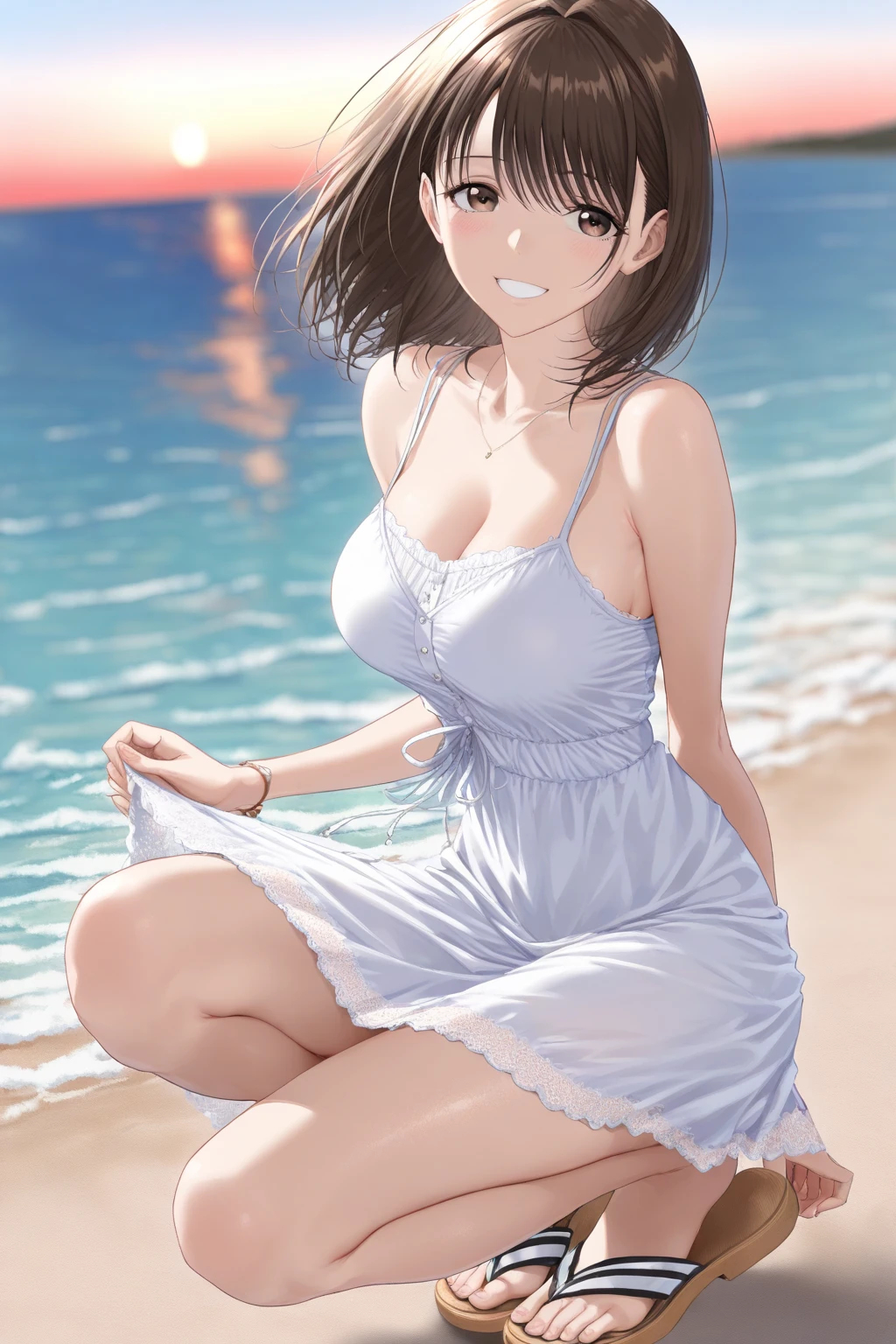 (masterpiece), (best quality), 1girl, sexy, big breast, deep V dress, smile, morning light