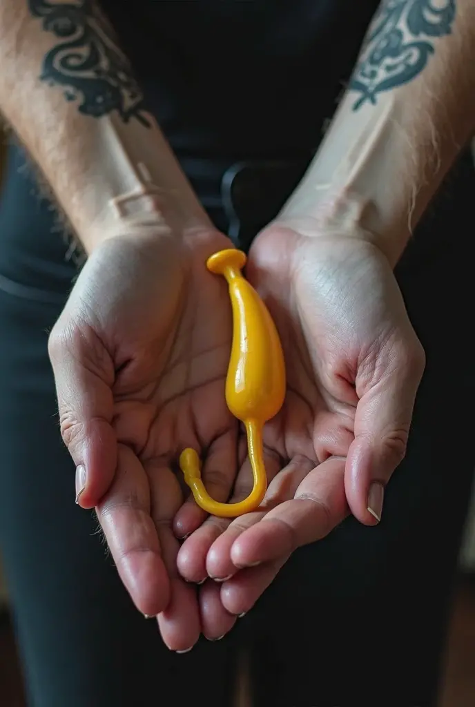 A person holding his penis that is too muscular and large and loaded with cum