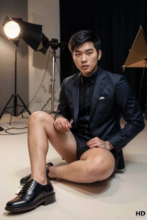 best quality, masterpiece, 8K, HD, masculine, 30 year-old korean gentleman,wear tie,balance muscular, nerdy look, glasses, shirtless, big bulge, golden ratio, sexy, god rays, soft lighting, dynamic shadows, sharp focus, perfection, no watermark,wearing no underwear, sexy, Masculine and handsome, muscular, Beautiful muscles, hairy body,kneel on the ground,horney elderly men firmly grab his body