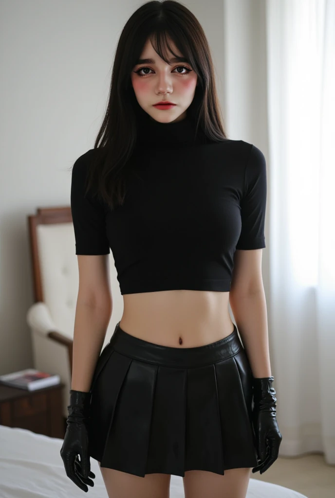 Beautiful woman, soft little hands, perfect body, pear-shaped body, petite and cute, small man's waist, leather skirt, short clothes, tights, thigh ties.