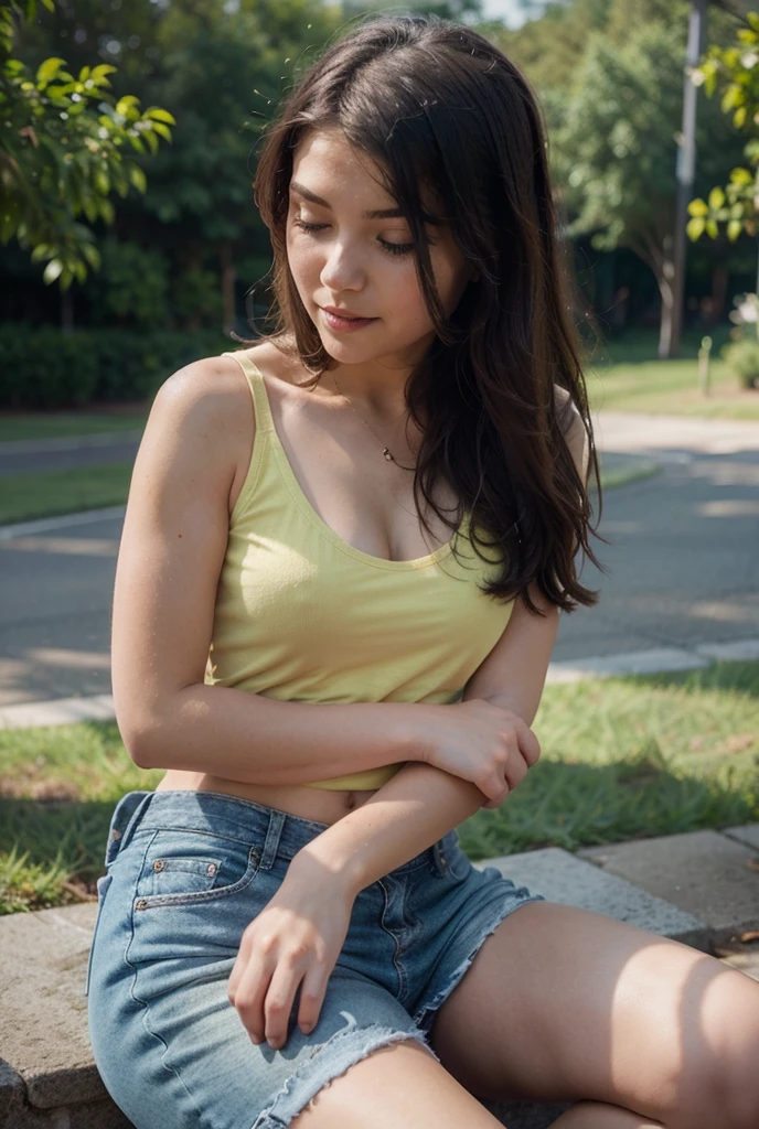 (((best quality))),(((ultra detailed))),(((masterpiece))), 10 years old girl, brown hair, straight hair, blue eyes, yellow lipstick, crop top, short pants, park background, sitting in a bench