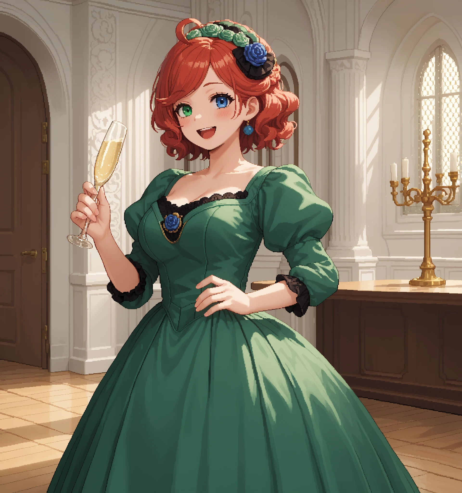score_9, score_8_up, score_7_up, source_anime, 1girl, solo, pixel art, solo, redhead BREAK
Short hair, red hair, wavy hair, swept bangs, ahoge, heterochromia, left_green_eye, right_blue_eye, large breasts BREAK
Victorian_dress, green dress, hair ornament BREAK
Looking at viewer, happy face, open mouth, blush, walking, smile, holding_champagne_flute
Indoors, (fancy castle), golden interior, main lobby, red_curtain