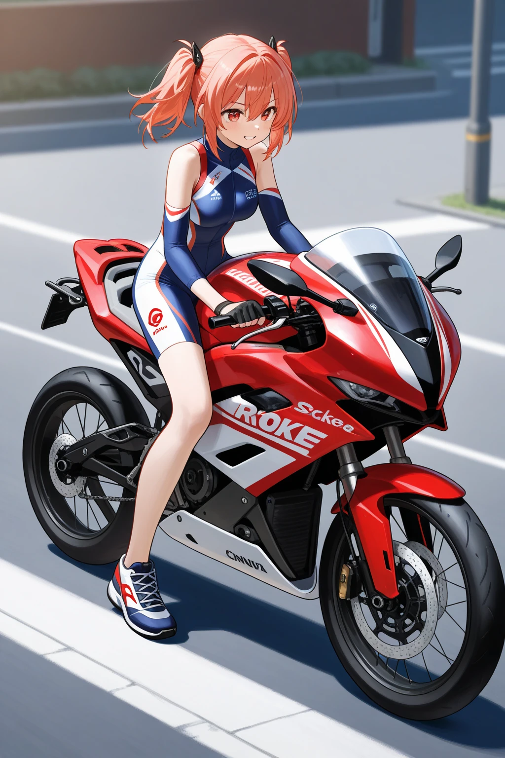 01 beautiful 18 year old Japanese nymphet, completely naked and sexy, riding a black sport bike