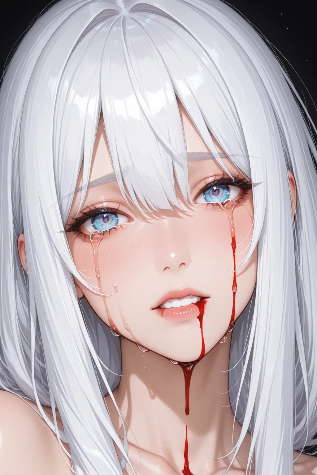(a very delicate and beautiful)、female pervert、The eyeball is a red cavity、(Maniacal)、The human、Gamine、Disgusting、canny、terrifying、独奏、(silhuette)、(、dark backgrounds、a black T-shirt(silhuette)、skinny body、The long-haired、Hollow parts、Black、BLOOD、silhuette、Black tears、Composed entirely of white, black and red、、