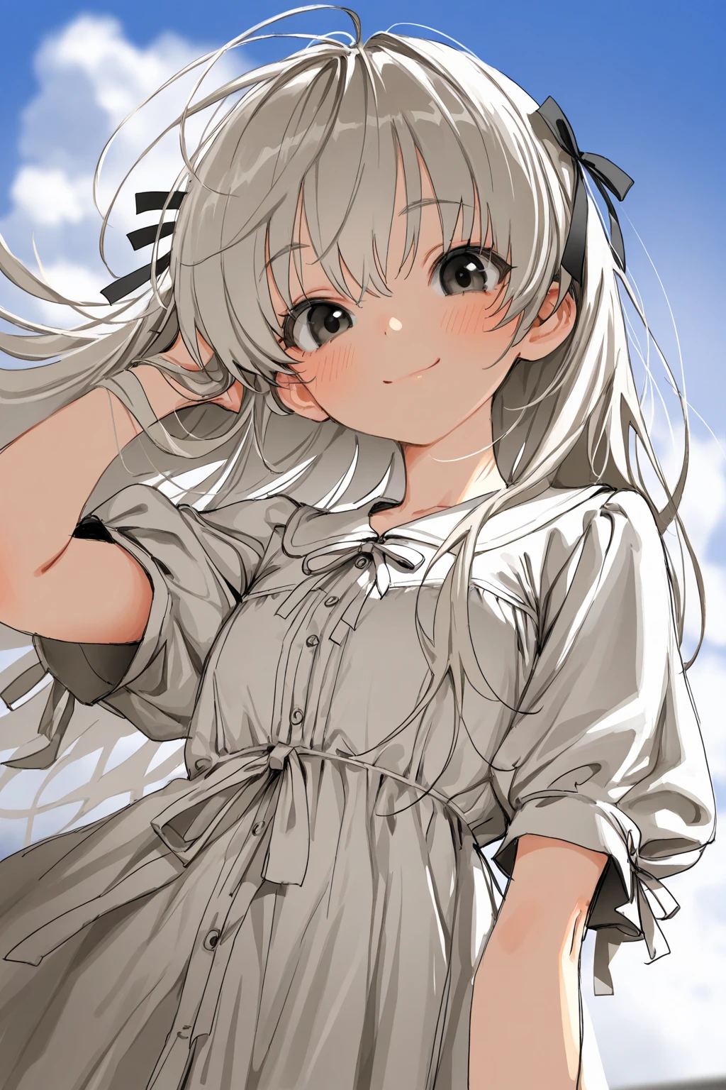 silver hair、gray eyes、twin tails、flat chest、、skirt、he is short、High resolution、highest quality、detailed face、beach、anime moe art style、kick、、 shot、raise your legs high、cowboy shot、