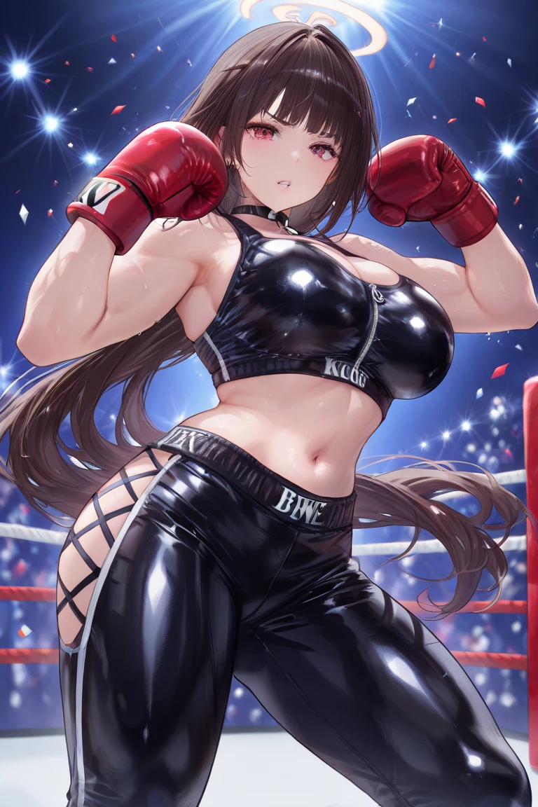 1 girls in red outfits holding up signs in the ring at a boxing event, 1girl, brown hair, skirt, 独奏, smile, (Highest quality,4K,8k,High resolution,masterpiece:1.2),Very detailed,32-year-old woman、(((Mature Woman))), (((Mature Woman))), Best Bust、Large Breasts, Beautiful Eyes、Orange Hair、Moss green eyes、Red lips, ((ponytail)), (Drill Hair), ((amount)), Very cute face, Glossy Lips, Double eyelids on both eyes,Natural smile、Tight waist、Sexy ass、Natural Makeup, Long eyelashes, Shiny and smooth hair、whole body、Shallow depth of field