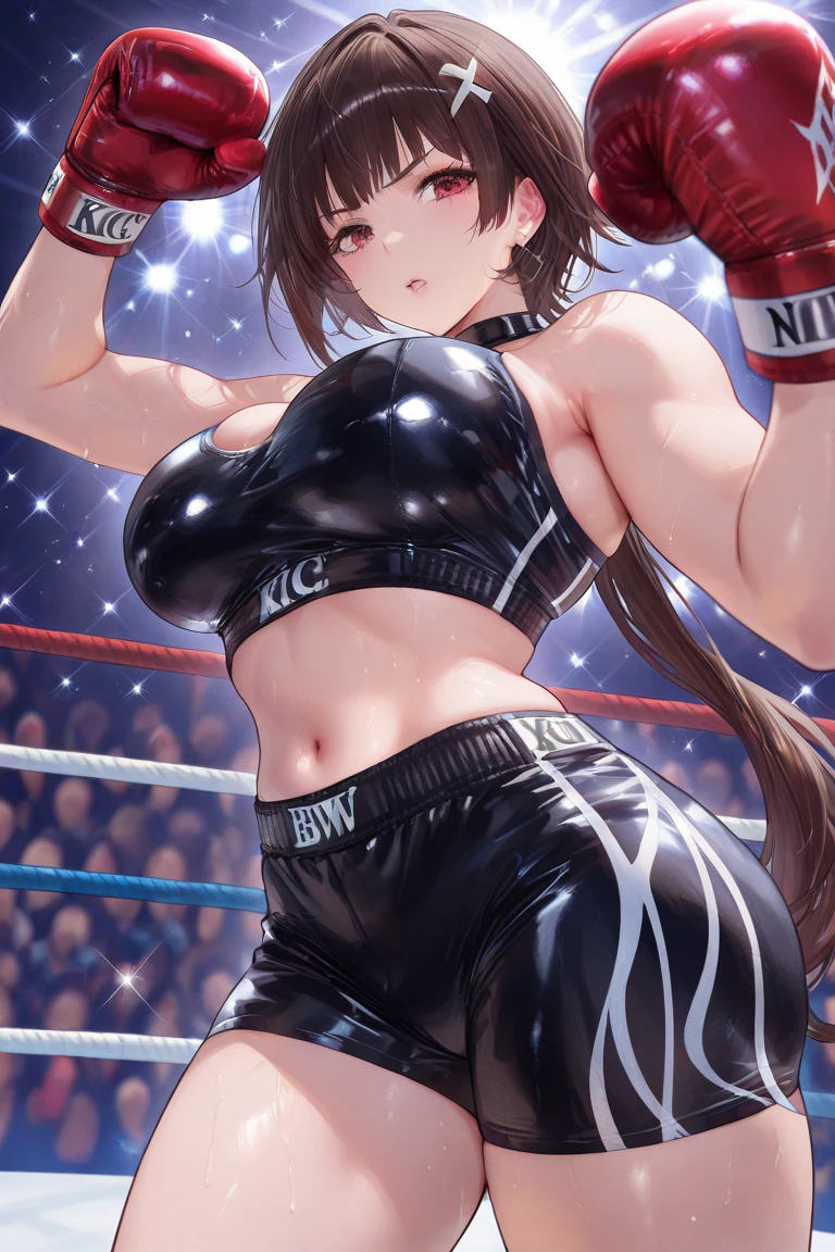 Korean beauty,18 years old,Pretty Face,Good shape,detailed picture, Shy expression, blush,White high ponytail, Wear sexy sports bra, Wear black foot socks, Wearing black boxing gloves,No shoes, Kicking alone in the boxing ring,Large Breasts,Cleavage,Long legs,Thin waist,nipple,Camel toe