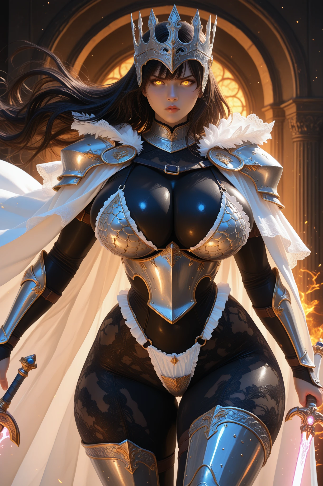 ((best quality)), (detailed), 1 women dark knight, 8k_wallpaper, extremely detailed eyes, (large masterpiece digital art), (intricate details:1.3 ), (ultra-detailed:1.3), (sharp focus:1.3), (natural lighting:1.05), (vivid colors:1.3), (best quality:1.4), expressive eyes, full body, detailed face, beautiful face, perfect face, ((hair black curls)), (gold eyes), {{dark skin}}, ({dark skinned female}), (big breasts), huge chest, big wide ass, powerful relief muscles of the abdomen and legs, powerful strong muscles of the arms, a predatory and daring look, a predatory smile with a lot of fangs, heavy steel armor of Japan and China, a wide yellow belt with chains and a large buckle, leather pants with steel shields on the hips and a skirt made of steel plates, clutching a two-handed saber in his hands, standing in the background battlefields in the middle of flower-filled fields stained with blood at sunset, medieval and dark fantasy style,