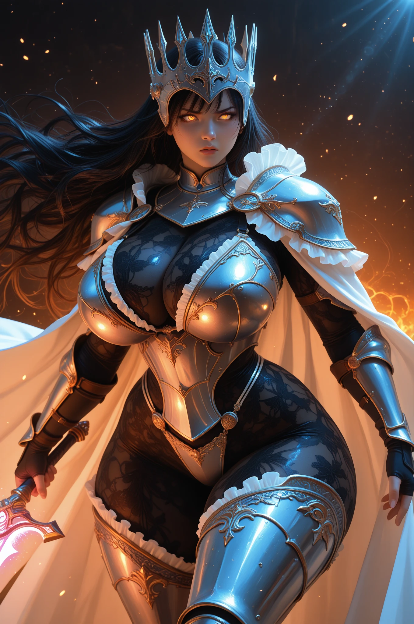 master piece, bokeh, best quality, photorealistic, ultra high resolution, 1 mature female, ultra detailed closeup portrait,

desert queen, (black hijab, red fur cloak:1.2), black dress, (dragon bone fullplate armor), intricate silver embroidery,

beautiful red eyes, (ultra detailed armpit:1.4), sweaty armpit, glossy skin, gorgeous,

intricate grey background, strong back lighting, volumetric lighting, soft lighting

[deformed fingers:2.2], [extra fingers:2.2], [less finger:2.2]
