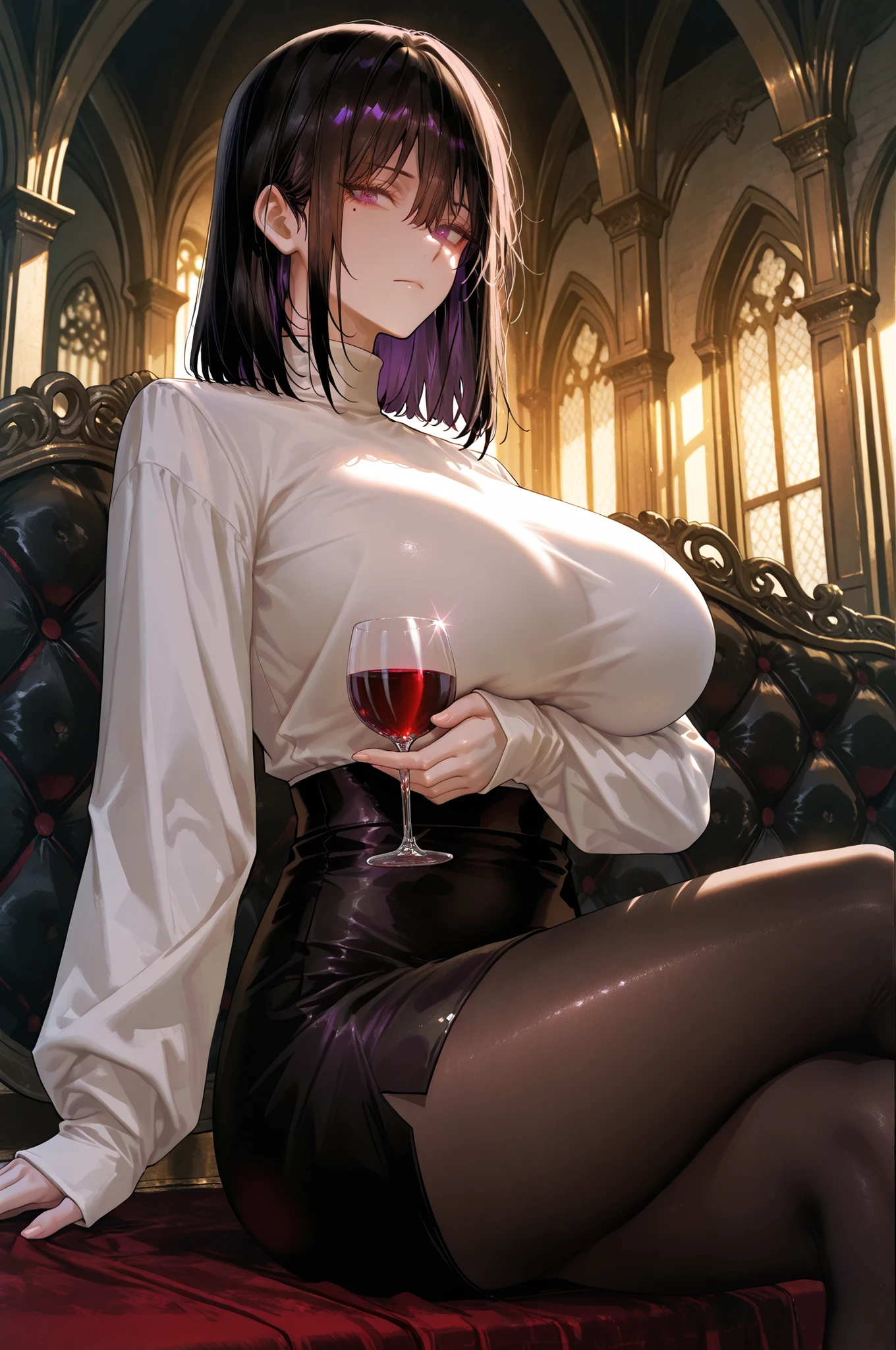 (masterpiece) Mulher ((cabelo negro preso em um cabo de cavalo alto, modelo plus size, olhos castalhos brilhantes, olhos detalhados, labios vermelhos)) vestindo (( top em couro preto e vermelho, black leggings and pleated skirt, bota de cano alto com salto, holding a book in one hand and a glass of wine in the other)) ambiente, sentada numa poltrona