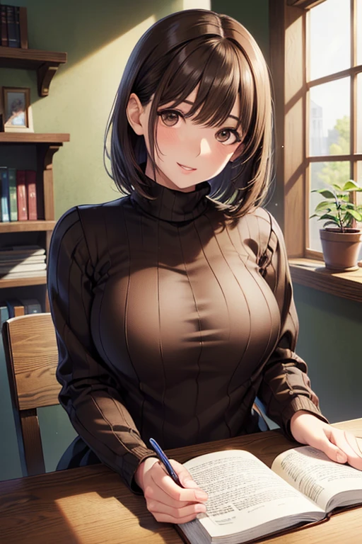 score_9, score_8_up, score_7_up, score_6_up, score_5_up, score_4_up, masterpiece, best quality, BREAK, indoor, school office, 1girl, sit, sexy, mikado ryouko, short hair, green eyes, large breasts, brown hair, cleavage, belt, skirt