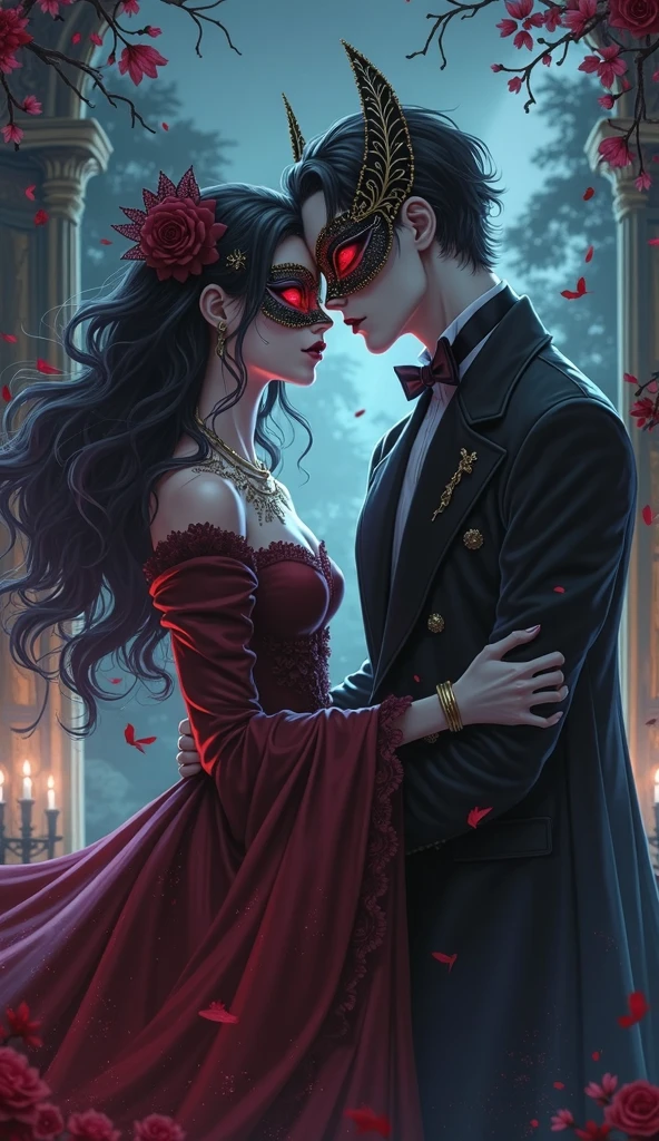 Vampire meets a dampphyr at an imperial masked ball but their dance is in the palace garden, their faces covered by an elegant mask they fall in love without knowing each other's identity, white skin, fangs, red eyes, gothic clothing, night landscape, mysterious and romantic, anime style.