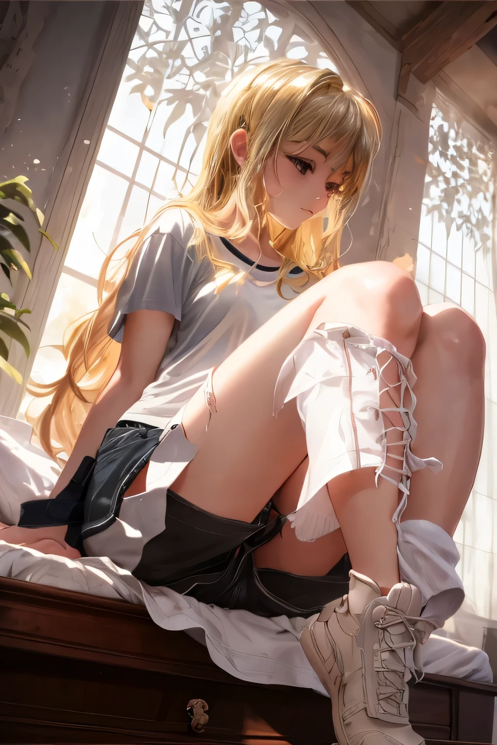 Photorealism、Highest quality、Ultra-high resolution、Browsing Caution、Japanese 、18-year-old、Girl in uniform sitting on bed、Low angle shot:1.5、M-shaped foot:1.4、She opened her legs wide:1.5、膝を曲げてSpread your legs座ります、((Showing panties:1.5))、A sexy look for the camera、((blonde))、((pink silk panties))、Panties close up:1.4、Light blue shirt、Dark blue tartan check pleated skirt、Dark blue socks、A cute and beautiful face down to the last detail、(PurerosFace_v1:0.008)、Brown eyes、eyeliner、blush、Embarrassing、Glare、 Glossy Lips: 1.4, impatience、was scary、Glare、Panty Appeal、Panties close up:1.3、blush、is crying、cry、Open your knees、Spread your legs、Disheveled clothes、dressing、Medium Long Hair,In the bedroom、Anatomically Accurate human body、Perfect Arms、Perfect hands、Perfect Fingers、Perfect Legs、Accurate human body