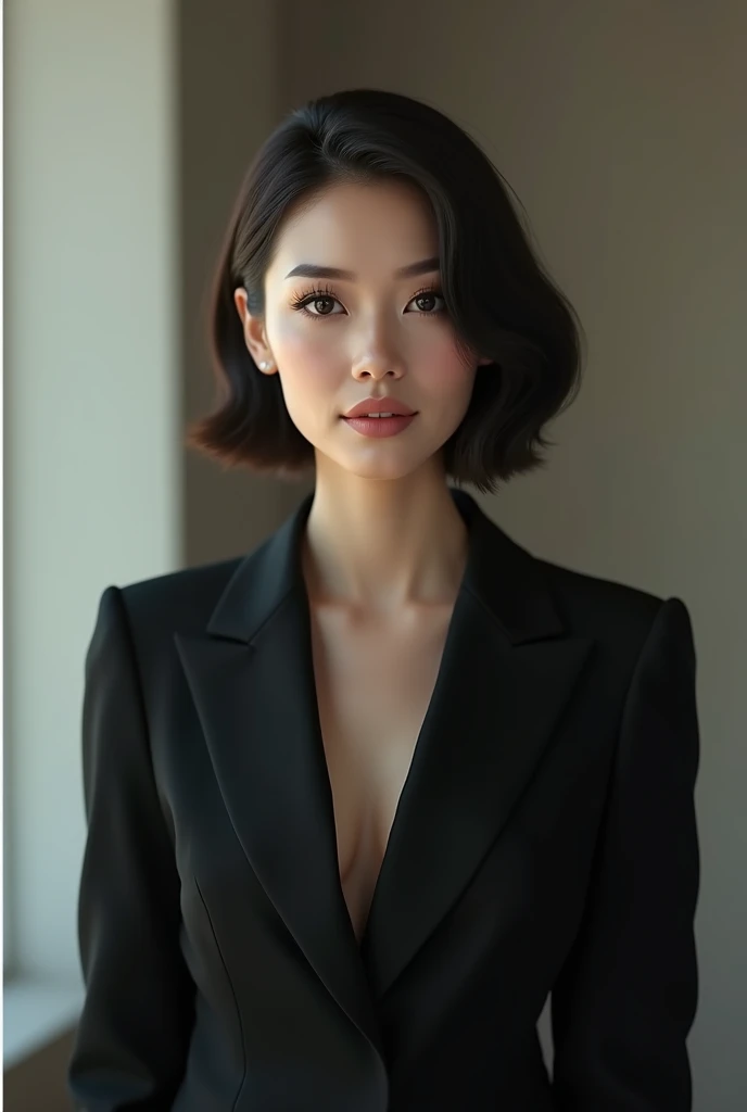 (top quality、top quality、permission 8k、masterpiece、Professional photography、Works, award winning)、(Mature beautiful Japanese woman:1.1)、(The most romantic office night in history 1.1)、(Very blurred background:1.1)、The most romantic and soulful atmosphere、(Perfect business suit:1.2)、(split:1.3)、(voluptuous body:1.3)、Standing elegantly、voluptuous body、(Very short wavy hair:1.1)、(Cool glasses:1.2)、seductive look, Eyes fixed on me、(Big breasts:1.3)、perfect makeup、Beautiful lipstick、Elegant eye shadow、long eyelashes、Ultra-high definition glossy leather、(precise anatomy:1.1)、(closed lips:1.2)、(face close up:1.2)