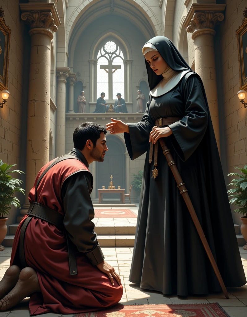 Two photos to share with your partner , Templar style and a woman with a black veil covering her face ,on his knees with his sword and a helmet