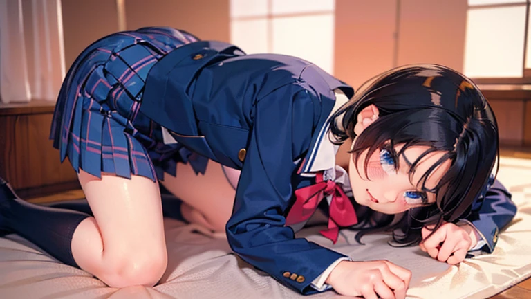 (masterpiece,Highest quality,Ultra-high resolution),(Perfect Face, Perfect body、Perfect hands、Refers to 5 books),(a-chan_1111, black-framed eyewear, blue bow, hair bow),(jk,Sailor suit,White shirt,Short sleeve, navy blue pleated skirt, bare legs),(frilly lace panties),(very young,tiny body),(Blushing, embarrassed),(Love Hotel、Luxury room,Bedroom),skirt lift, lifted by self,covering eyes,