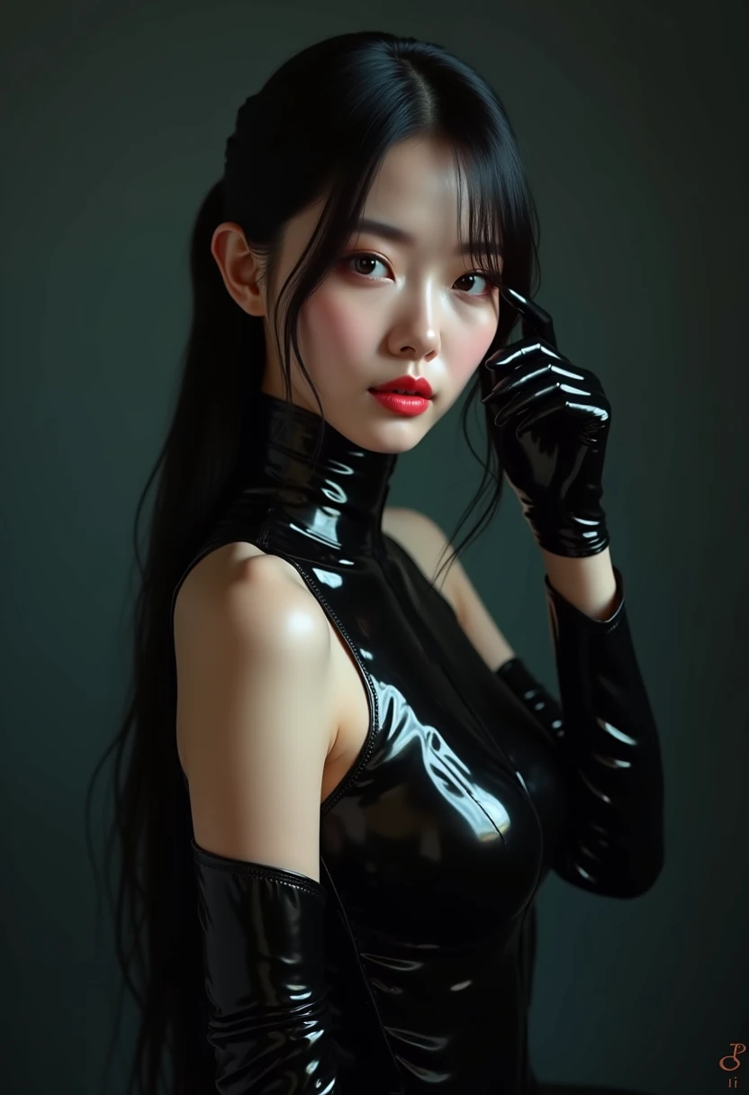 solo、Cute and realistic face、Ultra-fine photos、Portrait Unreal Engine 5 8K UHD Tight Black Latex Costume、Sleek black bodysuit、Black Iconic Figures、smooth dark skin、black body、PVC、some black、Futuristic Glossy Latex Suit、Rubber suit、Rubber belt、collar、Rubber gloves、Rubber high boots、Arm and leg cuffs、Lanyard、Top quality、masterpiece、 official art、Unity 8k wallpaper、Ultra Detailed、sharp focus、dynamic poses、body parts、No extra limbs、Precise anatomy、((Curly Braids、OK1))、Top quality、masterpiece、Ultra Detailed、sharp focus、dynamic poses、Ultra-fine photos、(((Close-up of face)))、