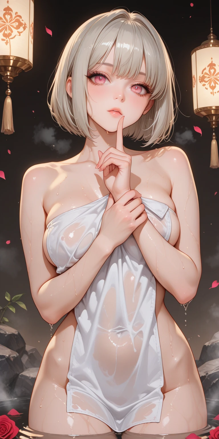 ((((masterpiece, best quality, high resolution)))), Extremely detailed 8K, Beautiful girl with slender body, (Ultra HD, Ultra-detailed, Highly detailed, Highly realistic, Ultra-realistic, photograph realistic), (1girl:1.5), (Realistic white hair), short wavy hair, bob cut, (dynamic poses), facing at camera, light smile, parted lips, purple eyes, (large breasts: 1.2), (beautiful detailed face, beautiful detailed eyes), (naked), glow, sweat, (sunbeam, sunlight), (nsfw:1.5)