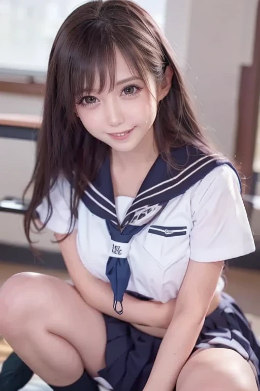 (masterpiece, best quality:1.2), 8k, official art, raw photo, incredibly absurdres, 1girl,15 years old,(loli:1.0),(small brests:1.2),(skinny:1.2),high school student,beautiful girl,(short ponytails:1.2),akb48,nogizaka46, 1girl, solo, looking at viewer, (smile:1.2), bangs, black hair, sitting, ponytail, sky, dildo, day, indoors, window, bed, on bed, curtains, ,bedroom,dildo,handjob,(serafuku:1.4), pov,