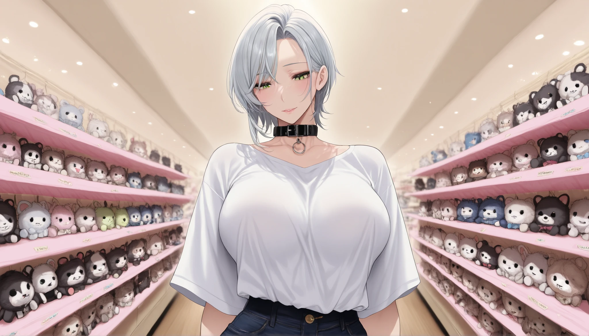 1 woman in the body、Beautiful woman、is cool、mature、Mean、is cool、short hair、 Silver Hair、green eyes、Bad guy、beautiful、detailed、masterpiece、top quality、look down、Slender、shirt、collar、animal plush toy shop