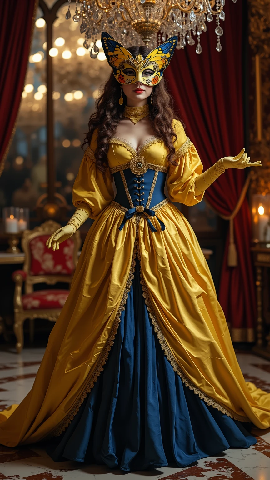 masterpiece, best quality, ultra detailed, 4k, full body image, 1girl, curly brown hair , long hair, (160 centimeters tall, 50 kilos of weight , , caderas anchas, gymnast&#39;s body), soft lighting, Luz outfit, melancholic shadows,

luxury ballroom at night, crystal chandelier, dark red velvet curtains, polished marble floor, candlelight, Gothic architecture, interior barroco, elegant party atmosphere,

summer party dress, 18th century style, butterfly-inspired design, intense bright yellow and midnight blue, Matte fabric, elegant and detailed, turtleneck, long sleeves, with neckline, Modest fashion, pleated skirt, lace ornament, Corset ribbon,  delicate accessories , refined jewelry, Decorated gloves,

(masquerade mask inspired by a butterfly, she removes the mask with her hand to show her face), elegant design, dynamic position, gracefully moving her upper body, with one hand extended gently to the spectator, inviting gesture, elegant movement, soft and gentle smile, serene and charming expression, slightly mysterious aura