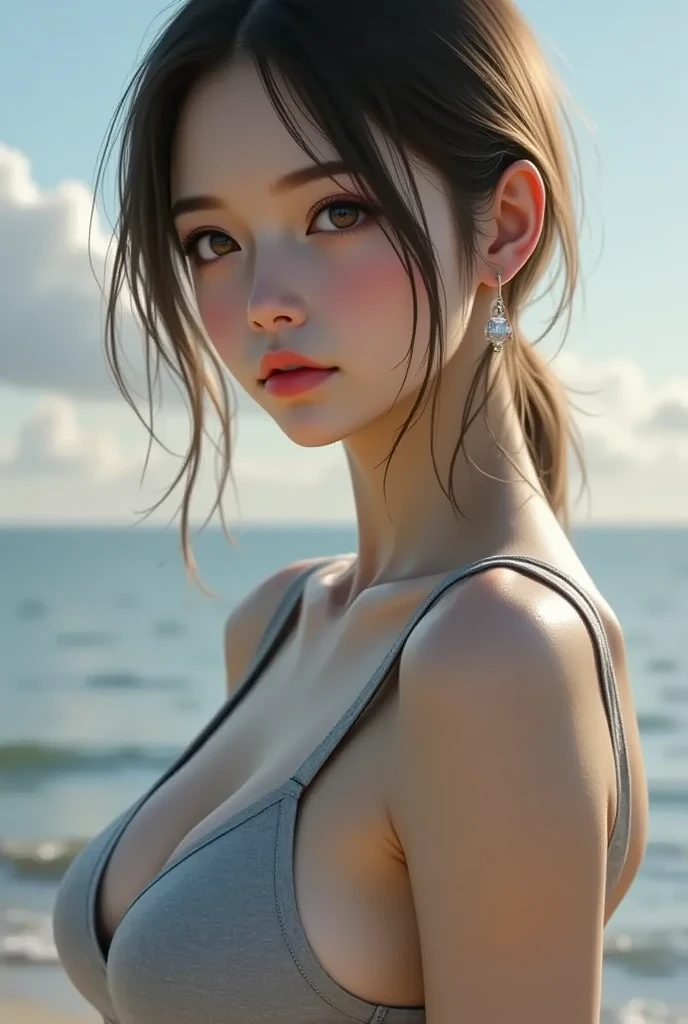 (logo、masterpiece、8k、Tabletop、RAW Photos、wonderful、最high quality、Photorealistic and Very detailed CG integrated 8k wallpaper、high quality、Very detailed、Narrative poem、Particle Effects、Dynamic Effects、Written boundary depth、Cinematic Light、Lens flare、Ray Tracing)、Fantasy、 (One beautiful woman、White pants、White T-shirt、White tube top、White crop top、Black-haired、Beautiful Face、True Face、Beautiful details、eye、Beautiful Skin、Ultimate Body、glamorous)、私の髪はWindに舞う、Hair flutters in Wind、Hair bounces、Seaside、wonderful景色、Coastal、sunrise、Sun in the background、Wind、Beach