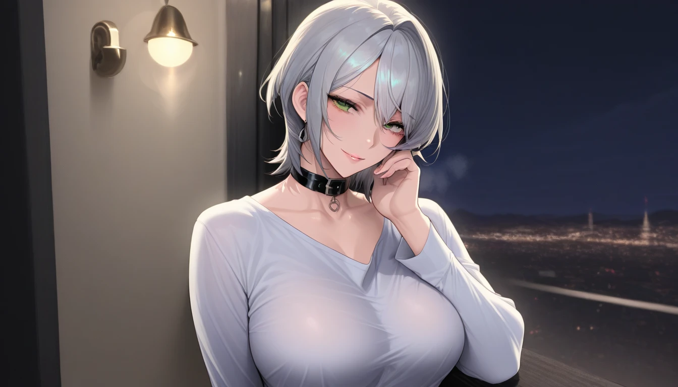  make a girl with short white hair with a black collar around her neck in a nightwear with a neckline showing a of breasts,Make the image anime style 
