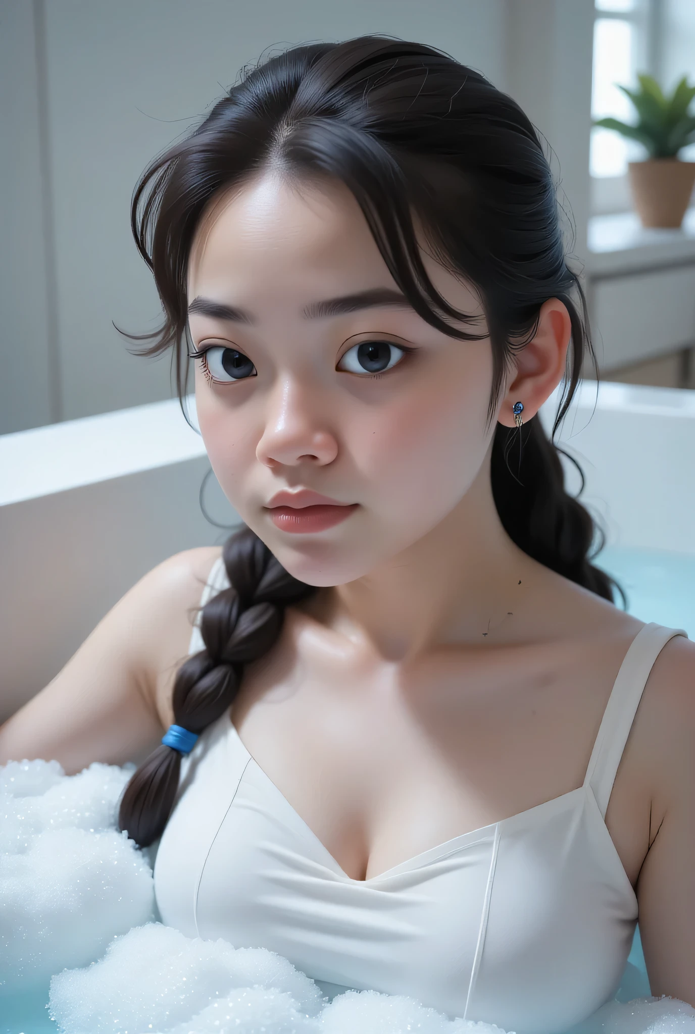 The facial reaction is very gloomy and sad, CREATE ANIME CARTOON 3D PHOTO, "A highly realistic, ultra-detailed portrait of a woman relaxing in a bubble bath, captured in the best settings of a SONY A7R with a fast prime lens (f/1.8). The scene features a minimalist bathroom with soft, natural lighting, emphasizing the subject's smooth skin, delicate facial features, and the dynamic texture of the foam. Hyper-detailed textures, cinematic lighting, and a sharp focus create an immersive depth. 32K resolution, photorealistic rendering, skin pores and water droplets visible, ultra-sharp image, professional photography style." Wajah KELIHATAN muram Dan sedih, Two braids hairstyle Left and right